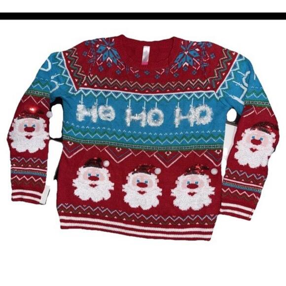 No Boundaries Ugly Christmas Sweater 3D Tinsel Juniors XXL Holiday Sequin Santa - Picture 1 of 8